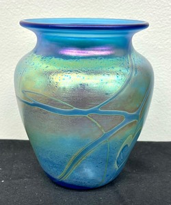 lot 70 image: Iridescent Hand Blown Art Glass Vase by D. Tate