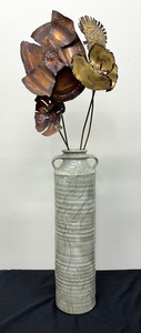 lot 63 image: Vintage Mid Century Tall Pottery Vase with Vintage Metal Floral Arrangement
