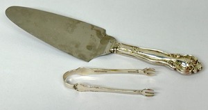 lot 113 image: Vintage Towle French Provincial Sterling Silver Pickle Tongs & Vintage Sterling Silver Pie Server