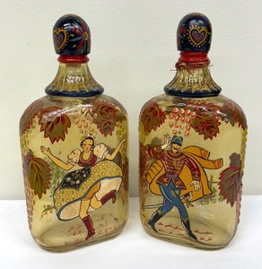 lot 113A image: Pair of Vintage Folk Art Hand Painted Glass Bottles