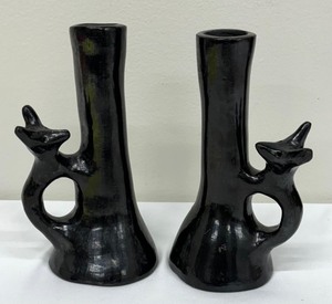 lot 172 image: Pair of Black Bear Pottery Candle Sticks
