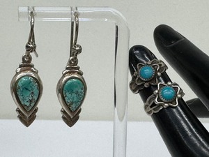 lot 228 image: Pair of Sterling Silver and Turquoise Rick Tolino Earrings and Two Petite Rings