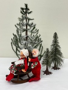 lot 238 image: Three Department 56 Decorative Faux Trees, Vintage Annalee Mr. and Mrs. Clause