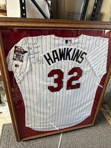 lot 78 image: #32 Hawkins Signed  Autographed  Framed Minnesota Twins Jersey