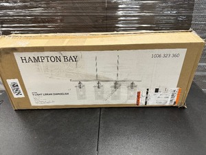 lot 42 image: Like New Open Box Hampton Bay Regan 4-Light Chrome Island Chandelier with Clear Glass Shades, Industrial Linear Kitchen Pendant Light
