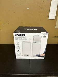 lot 45 image: New 2 Pack Kohler Small White Stainless Steel Step Trash Cans