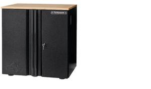 lot 19 image: Husky Pro Duty Welded 20-Gauge Steel 2-Door Garage Base Cabinet in Black LINE-X 28 in. W x 33 in. H x 21.5 in. D - Retail $549.99