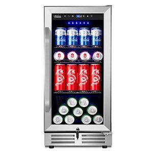 lot 8 image: Velivi Built In  Freestanding 15 in. 127 (12 oz.) Can Freestanding Beverage Cooler Fridge with Adjustable Shelves in Stainless Steel