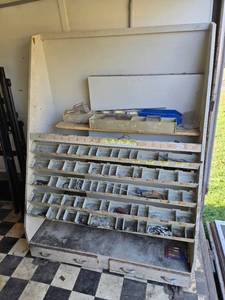 lot 76 image: Vintage Wooden Shop Storage Rack with Multiple Compartment Bins Approx. 64x48x27
