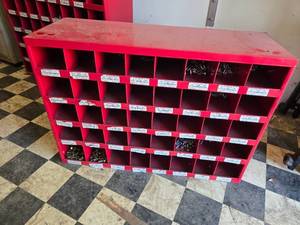 lot 79 image: Large Red Industrial Bolt Bin Unit with Assorted Fasteners - Multiple Compartments