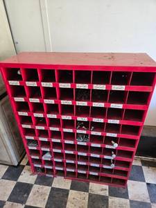 lot 80 image: Large Red Bolt Bin with Multiple Compartments for Storage