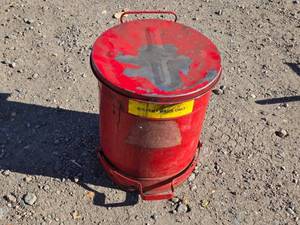 lot 127 image: Used Red Solvent Rag Waste Disposal Can with Towels