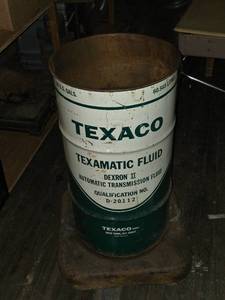 lot 257 image: Vintage Texaco Texamatic Fluid Barrel on wheels - Automatic Transmission Fluid - 60.556 Liters