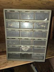 lot 355 image: Large Parts Organizer Storage Bin with Misc. Honda Motor Parts 18.5 Tall, 15 Wide