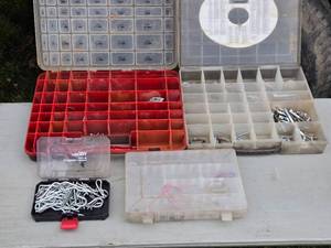 lot 379 image: Assortment of Hardware Supplies - 4 Storage Containers with Various Fasteners