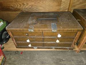 lot 403 image: Vintage Wooden Parts Organizer with Assorted Parts 27.5 wide 15.5 deep 15 high