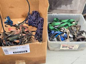 lot 418 image: Assortment of Ratchet Straps and Ropes in Box and Bin - Used Condition, Some May Have Tears