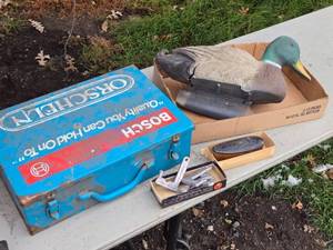 lot 472 image: Duck Decoy (cracked), Empty Metal Bosch Tool Box, Decoy Weights