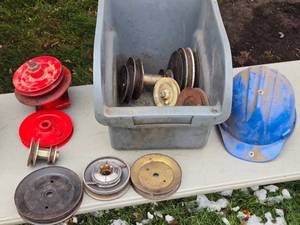 lot 476 image: Assortment of Pulleys and Blue Hard Hat