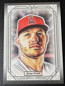 lot 24 image: Mike Trout 50 Artist Proof 2024 Topps Museum Canvas Collection Reproduction #CCR-2, numbered 3250, Baseball Card