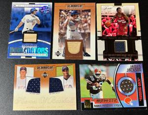 lot 31 image: 5 Card Relic Lot - Baseball, Basketball, Football Cards