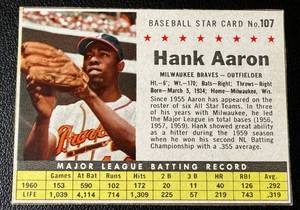 lot 4A image: Hank Aaron 1961 Post #107 Vintage Baseball Card - NICE
