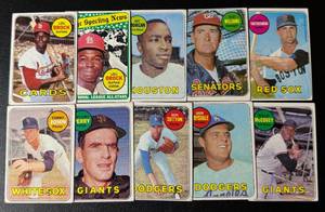 lot 14A image: 10 Card 1969 Topps Baseball Star Lot - Ted Williams, Yastrzemski, (2) Brock, Morgan, McCovey, Drysdale, Sutton, Perry, John Vintage Cards