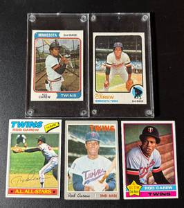 lot 15A image: Rod Carew 5 Card Lot - 19700, 1973, 1974, 1976, 1977 - Vintage Minnesota Twins Baseball Cards