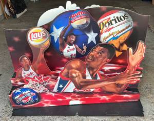 lot 7B image: USA Basketball Dream Team Standup Popout Display - 35x48x24 - Ruffles, Doritos, Lays, Rold Gold Advertisement w Scottie Pippen, Hakeem Olajuwon and David Robinson