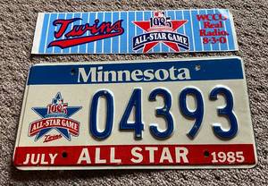 lot 31C image: Minnesota 1985 All-Star Game License Plate and Twins Bumper Sticker Baseball