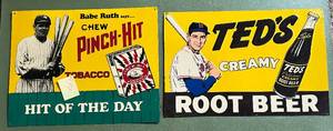 lot 51D image: Babe Ruth and Ted Williams Tin Baseball Advertisements