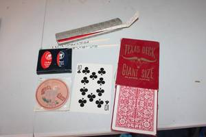 lot 31 image: Assortment of Vintage Game Items - Texas Giant Playing Cards, Coasters, and Chopsticks
