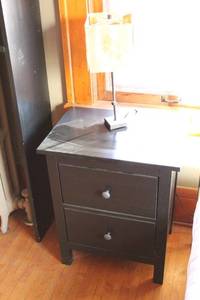 lot 63 image: Nightstand with Lamp - Black Finish with Two Drawers
