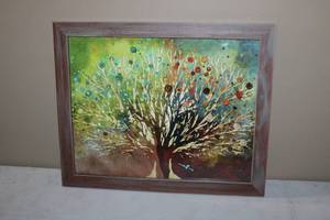 lot 109 image: Collection of 2 Framed Art Pieces - Colorful Tree and Black & White Landscape
