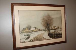 lot 117 image: Framed Vintage Watercolor Landscape Art - Winter Scene with House and Trees