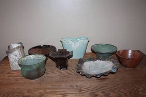 lot 130 image: Group of 8 Unique Handcrafted Pottery Bowls and Vases