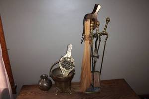 lot 139 image: Antique Brass Fireplace Tool Set with Bucket and Hammered Vase