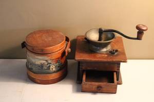 lot 162 image: Antique Coffee Grinder with Decorative Wooden Container