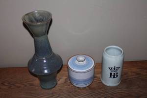 lot 172 image: Set of 3 Unique Handmade Pottery Items - Vase, Container, and Stein