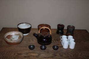 lot 184 image: Set of 2 Vintage Stoneware Bowls, Teapot, 6 Cups, and 3 Small Dishes