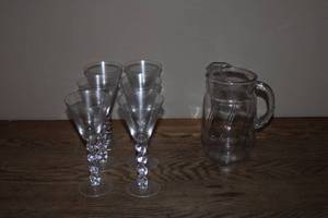 lot 191 image: Set of 6 Clear Crystal-inspired Glasses with Decorative Stem & Glass Pitcher