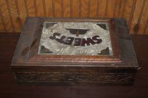 lot 240 image: Antique Wooden Box with Decorative Sweets Lid - Hand-Carved Details
