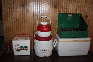 lot A-246 image: Vintage Coleman and Igloo Camping Equipment Set with Budweiser Cooler and Grain Belt Pitcher