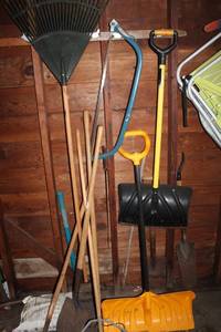 lot 256 image: Assortment of Gardening and Yard Tools - Rake, Shovels, Hoe, and More