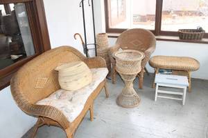 lot A-263 image: Vintage Wicker Furniture Set - Sofa, Chairs, Table, and Basket