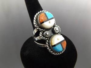 lot 135 image: .925 Sterling Silver Navajo Turquoise, Coral, and Mother of Pearl Ring Size 7.75