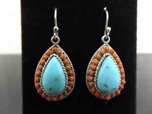 lot 139 image: .925 Sterling Silver Turquoise and Coral Dangle Hook Earrings