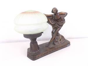 lot 23 image: Antique WORKING Art DecoArt Nouveau Figural Nonmagnetic Cast Metal Lamp