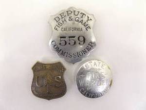lot 46 image: Lot of 3 AUTHENTIC Vintage California Fish and Game, Forest service, etc. Badges