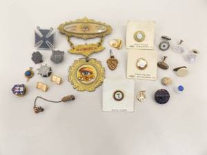 lot 48 image: Lot of Misc Sterling, Gold Fill, etc. Fraternal Order, School, etc. Pins, Badges, etc.